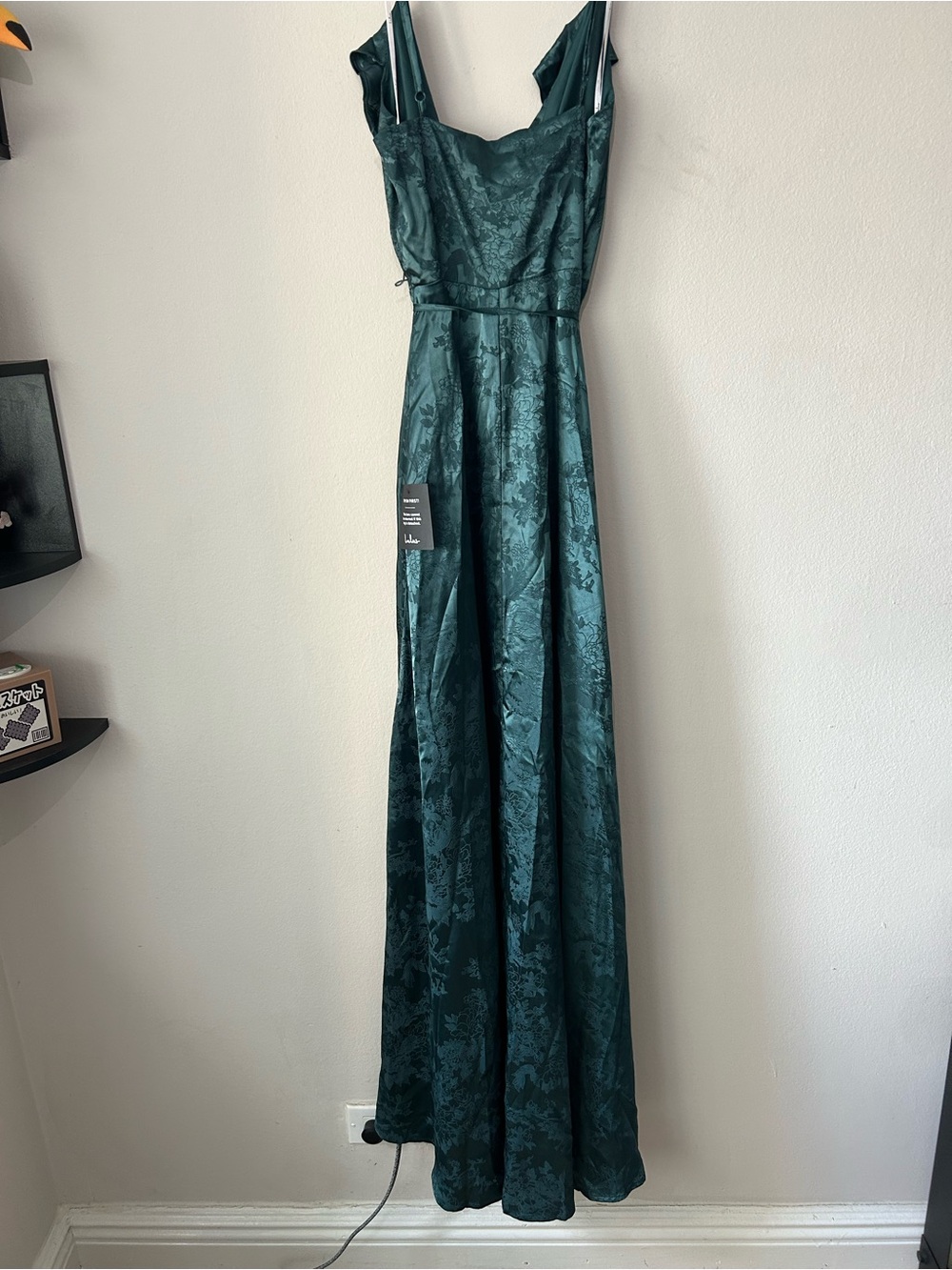 Emerald Green Satin Wrap Maxi Dress with slight tear - Picture 5 of 8